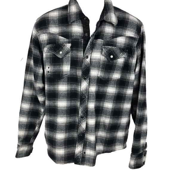 Micros Other - Micros Shirt Men L Black Flannel Plaid Snap Custom Embroidery Western Logo